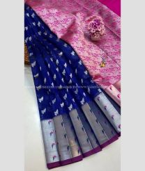 Navy Blue and Pink color Chenderi silk sarees with paithani border design -CNDP0016296