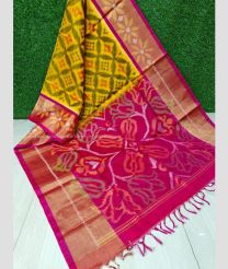 Mustard Yellow and Pink color Ikkat sico handloom saree with ikkat design -IKSS0000392