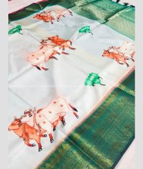 White and Forest Fall green color Banarasi sarees with all over woven with jari work and majestic contrast kalamkari design printed -BANS0014799