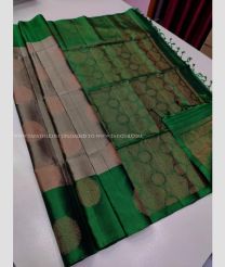 Grey and Dark Green color kanchi pattu handloom saree with big buti saree design -KANP0007851