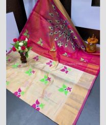 Cream and Magenta color Uppada Tissue handloom saree with all over big buties design -UPPI0000442