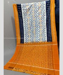 Half White and Orange color pochampally Ikkat cotton handloom saree with pochampalli ikkat design -PIKT0000782