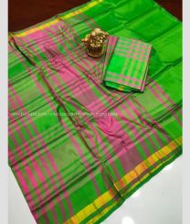 Green and Pink color Uppada Soft Silk handloom saree with all over big checks saree design -UPSF0001853