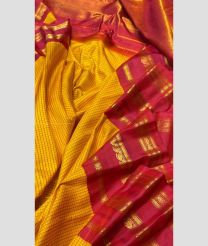 Yellow and Deep Pink color gadwal pattu handloom saree with all over woven tiny jari and reasham checks with temple kothakoma kuthu interlock woven border design -GDWP0001600