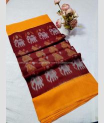 Mango Yellow and Maroon color pochampally Ikkat cotton handloom saree with special marthas pattern saree design -PIKT0000315