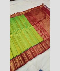 Parrot Green and Maroon color gadwal pattu handloom saree with all over small checks and buties with kuthu borders design -GDWP0001209