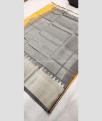 Yellow and Grey color venkatagiri pattu handloom saree with temple border saree design -VAGP0000439