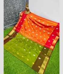 Olive and Orange color Uppada Soft Silk handloom saree with all over topi buties design -UPSF0003890