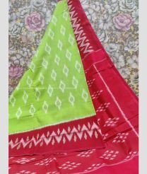Pista and Red color pochampally Ikkat cotton handloom saree with printed design saree -PIKT0000289