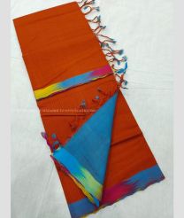 Red and Aqua Blue color mangalagiri sico handloom saree with plain saree design -MAGI0000196