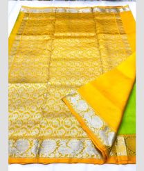 Parrot Green and Yellow color venkatagiri pattu handloom saree with all over silver buties design -VAGP0000883