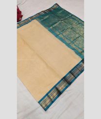 Cream and Blue Turquoise color gadwal cotton handloom saree with jari border design -GAWT0000292