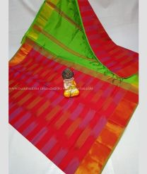 Red and Parrot Green color Tripura Silk handloom saree with all over ikkat with kaddi border design -TRPP0006363