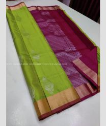 Parrot Green and Pink color soft silk kanchipuram sarees with kaddy border saree design -KASS0000391