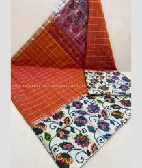 Chestnut and White color Chenderi silk handloom saree with all over thread weaving checks with kalamkari prints in the border design -CNDP0012599