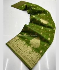Olive color Organza sarees with all over small floral and elegant buties with jacquard border design -ORGS0003256