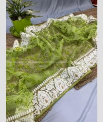 Green and White color Organza sarees with viscos thread work jall work in body saree design -ORGS0001747