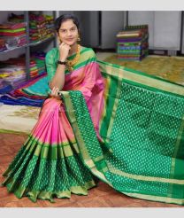 Peach and Green color pochampally ikkat pure silk handloom saree with all over pochamally design -PIKP0016982