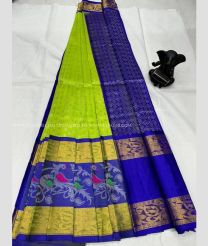 Parrot Green and Navy Blue color mangalagiri pattu handloom saree with all over buties with anchulatha border design -MAGP0023370