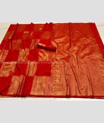 Red and Orange color Banarasi sarees with all over jari checks with heavy jari border design -BANS0008378