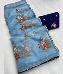 Sky Blue and Navy Blue color Organza sarees with all over flower buties with border design -ORGS0003308