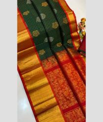 Pine Green and Golden color kuppadam pattu handloom saree with all over small check and big buties design -KUPP0097052