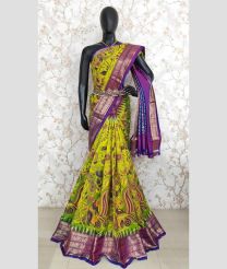 Acid Green and Purple color pochampally ikkat pure silk sarees with kanchi border design -PIKP0037938