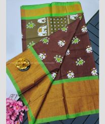 Chocolate and Green color Uppada Soft Silk handloom saree with all over ikkat design with kaddi border -UPSF0003426
