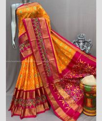 Orange and Pink color pochampally ikkat pure silk sarees with all over pochampally ikkat design -PIKP0037850