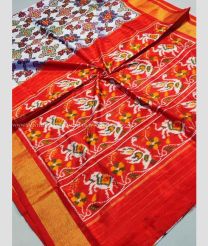 Red and Golden Brown color pochampally ikkat pure silk handloom saree with all over pochampally design with tissue border -PIKP0019517