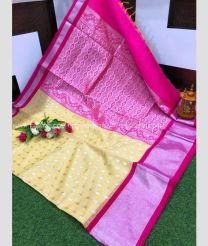 Cream and Neon Pink color Chenderi silk handloom saree with all over buties with big kaddi border design -CNDP0014164