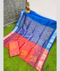 Tomato Red and Blue color Uppada Tissue handloom saree with all over buties design -UPPI0001593