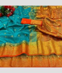 Turquoise and Orange color silk sarees with all over butties saree design -SILK0001149