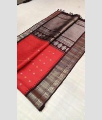 Tomato Red and Chocolate color gadwal pattu sarees with kuthu border design -GDWP0001789
