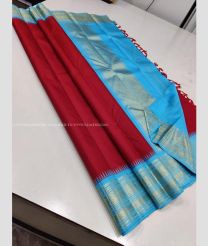 Red and Sky Blue color kanchi pattu handloom saree with plain with 2g pure jari korvai border design -KANP0013072