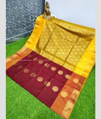 Maroon and Golden Yellow color Uppada Soft Silk handloom saree with all over big buties design -UPSF0003356