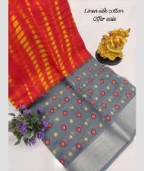 Red and Grey color linen sarees with all over printed design -LINS0003645