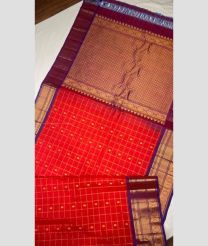 Red and Purple color gadwal sico handloom saree with all over checks and buties with kanchi border design -GAWI0000737