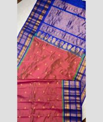 Dust Pink and Royal Blue color gadwal pattu handloom saree with all body woven with reasham strips buties with kanchi big kuthu interlock border design -GDWP0001609