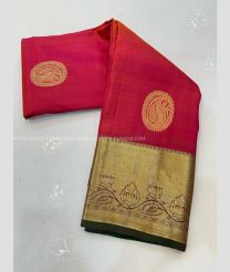 Coral Pink and Pine Green color kanchi pattu handloom saree with all over buties design -KANP0013534
