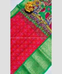 Red and Green color Chenderi silk handloom saree with all over pochampally design with kanchi border -CNDP0015799