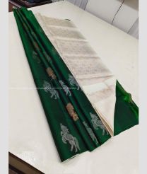 Forest Fall Green and White color soft silk kanchipuram sarees with all over big buties design -KASS0001003