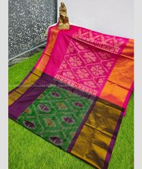 Green and Pink color Uppada Soft Silk handloom saree with all over pochampally with big kaddi border design -UPSF0003763