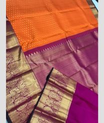 Orange and Neon Pink color kanchi pattu handloom saree with jari border design -KANP0013750