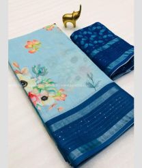 Sky Blue and Navy Blue color linen sarees with all over floral printed with heavy jari border design -LINS0003522