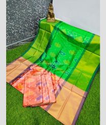 Peach and Parrot Green color Uppada Soft Silk handloom saree with all over pochampally with big kaddi border design -UPSF0003766