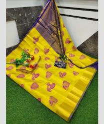 Yellow and Navy Blue color Uppada Tissue handloom saree with all over screen printed design -UPPI0001697