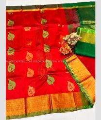 Red and Green color Kollam Pattu handloom saree with all over checks and buties with kaddi border design -KOLP0001613