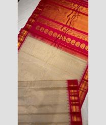 Cream and Burgundy color gadwal sico handloom saree with all over small buties with kuthu interlock woven system temple kothakomma design -GAWI0000584