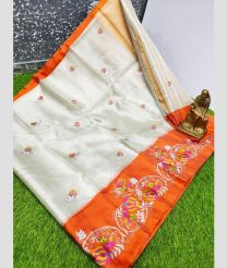 Half White and Orange color linen sarees with all over embroidery hand work buties with tissue border design -LINS0003571